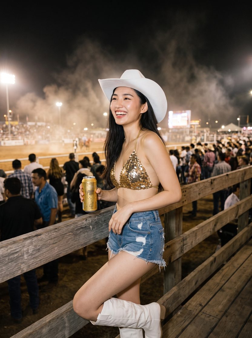 An Aigyr Girl in a white cowboy hat leaning on the arena rail with a gold can